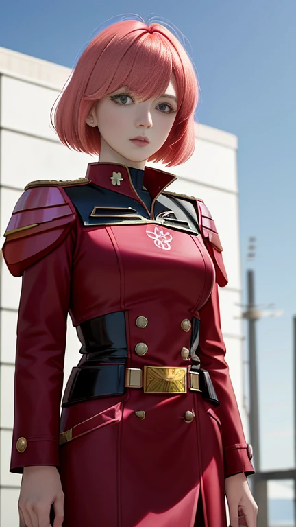 Realistic photo of Red Sazaby Girl,Short Bob Cut,Her hair is bright pink、It has a gradation with blonde..,Cool look,background is gray,Coat of arms of the Principality of Zeon,Haman Khan and Char Aznable's -yeld dater.,