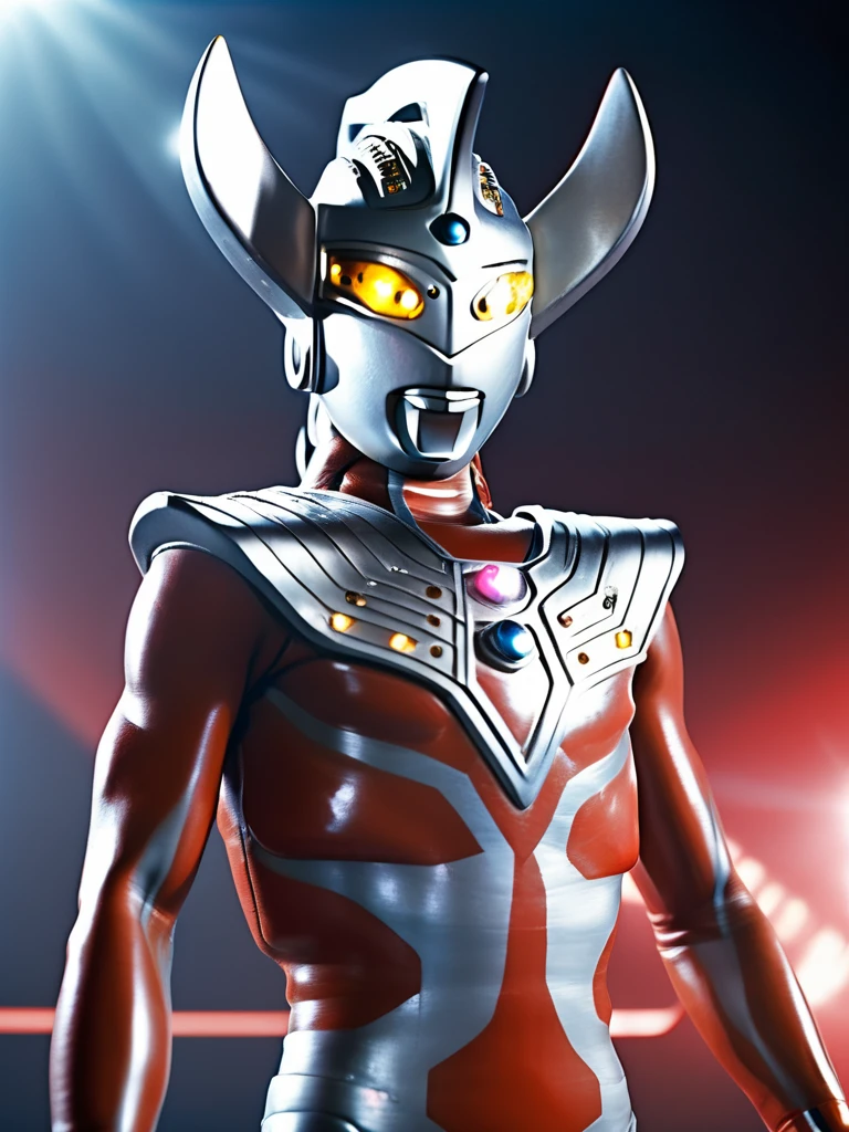 photo realistic,35mm films,ultrares,4k,gay,bara,NSFW,Ultraman Taro,Alien,Science fiction,Futuristic design,Ultraman Taro standing on a large stage under the spotlight, naked in only white underwear, 40-year-old hairy skinny body, old scars all over his body, damaged helmet, sadly drooping head, thick iron collar around his neck, thick chain connected to the collar stretching long behind his back, a large lizard-like alien leading Ultraman Taro by the hand, many furry aliens in the audience