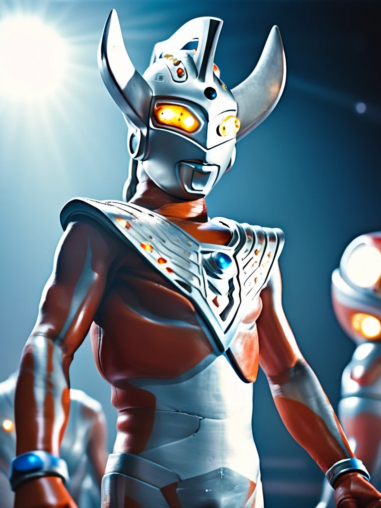 photo realistic,35mm films,ultrares,4k,gay,bara,NSFW,Ultraman Taro,Alien,Science fiction,Futuristic design,Ultraman Taro standing on a large stage under the spotlight, naked in only white underwear, 40-year-old hairy skinny body, old scars all over his body, damaged helmet, sadly drooping head, thick iron collar around his neck, thick chain connected to the collar stretching long behind his back, a large lizard-like alien leading Ultraman Taro by the hand, many furry aliens in the audience