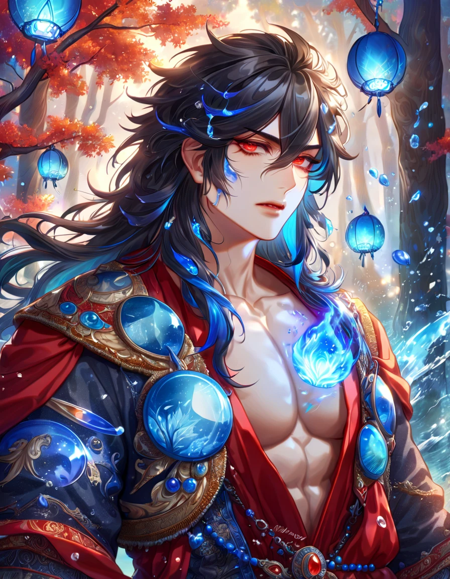 absurdres, highres, ultra detailed, HDR, master piece, best quality, extremely detailed face, delicated features, Xue Yu, untamed spiky hair, black hair, long hair, hair between the eyes, expressive red eyes, Thousand Years War, solo, sexy man, handsome, toned chest, black haori, red fantasy robes, water, fantasy, magic, envy magical, forest, blue dust, blue lanterns, blue fire, blue floating round lights