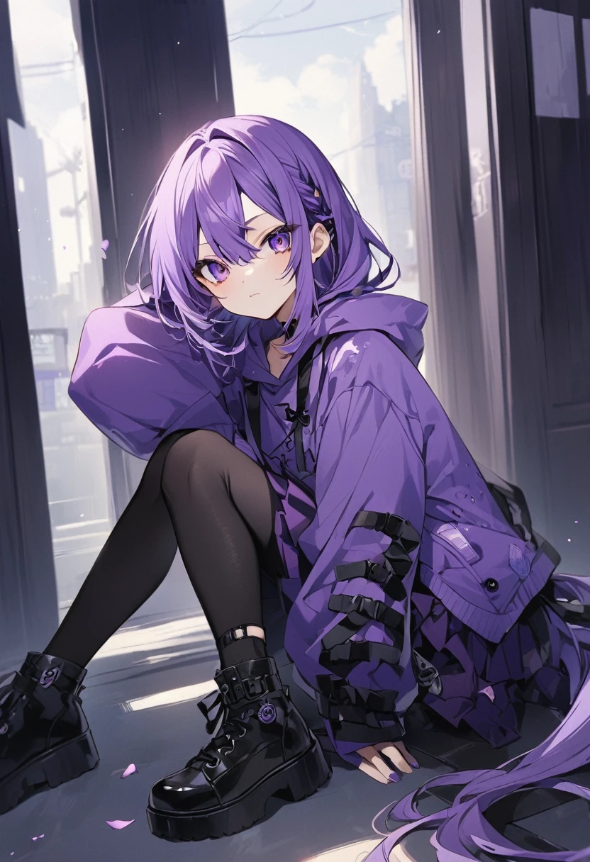 Keito。Purple Eyes。Purple Hair。Purple Skirt。Black shoes下。Black shoes。Purple hoodie