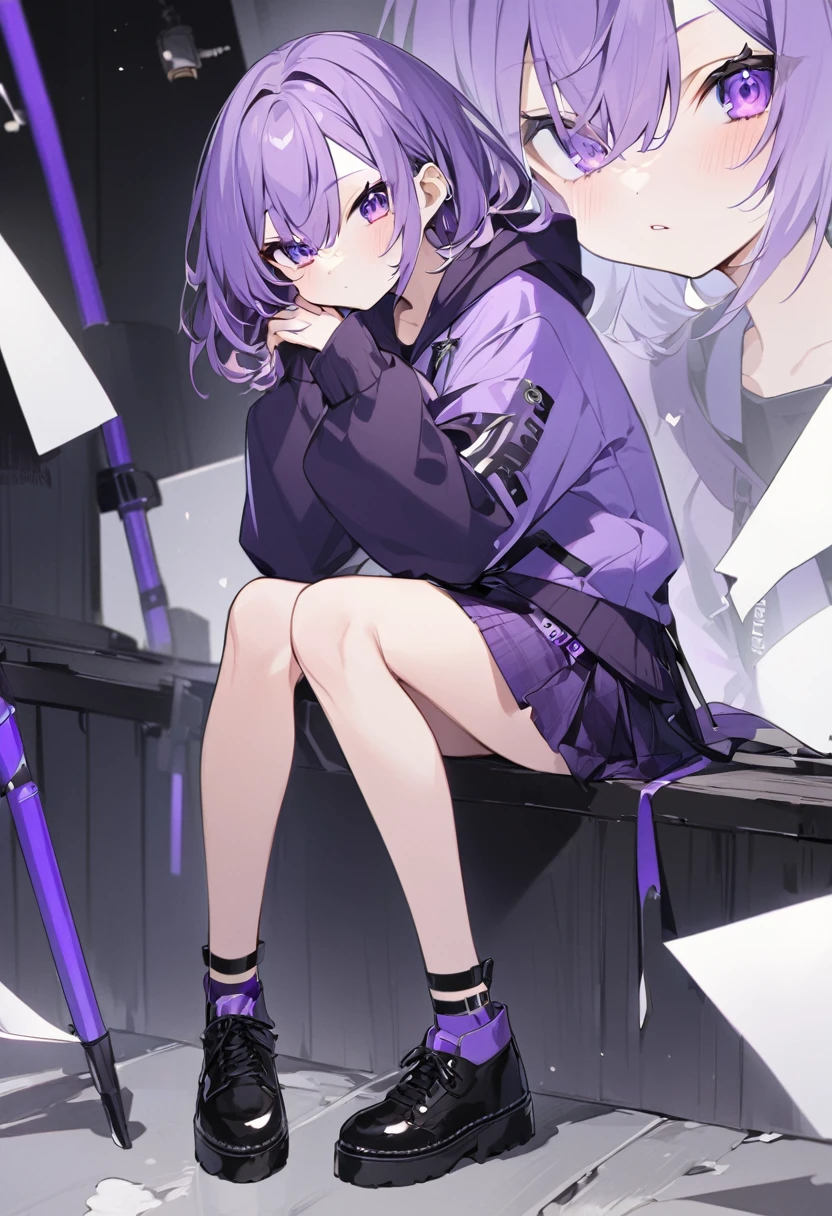 Keito。Purple Eyes。Purple Hair。Purple Skirt。Black shoes下。Black shoes。Purple hoodie