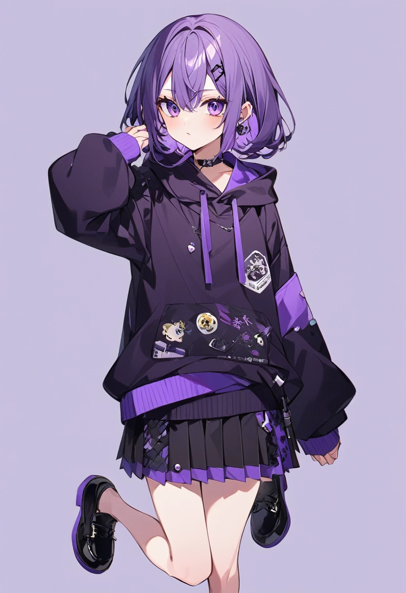 Keito。Purple Eyes。Purple Hair。Purple Skirt。Black shoes下。Black shoes。Purple hoodie