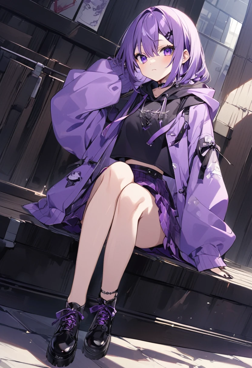 Keito。Purple Eyes。Purple Hair。Purple Skirt。Black shoes下。Black shoes。Purple hoodie