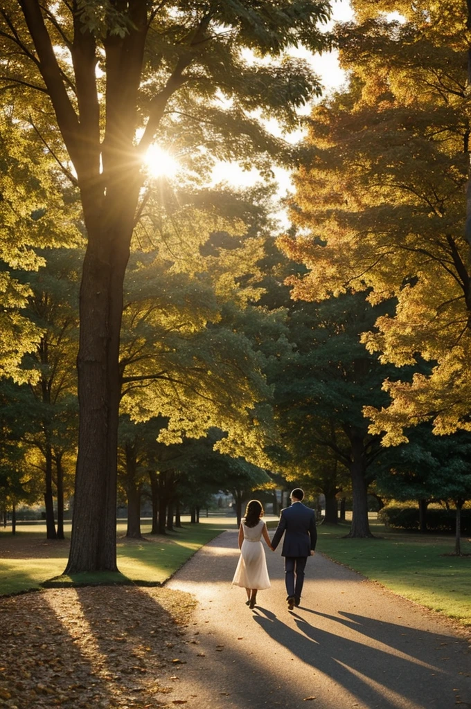 Golden Hour Stroll:
Scene Description: A park path illuminated by the golden light of the setting sun.
Details: Trees lining the path casting long shadows, and the soft light creating a warm glow on the leaves.
Special Touches: A couple walking hand-in-hand, children playing in the distance, and the gentle rustling of leaves in the breeze.
Mood: Warm, peaceful, and romantic.