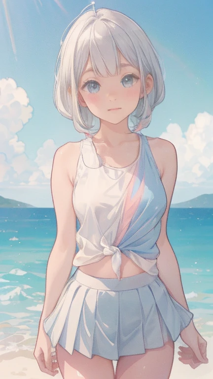 Enjoying the morning sun on the beach、(water colour,tegaki:1.4),(soft pastel colors:1.3),(Platinum hair:1.3),( blue colored eyes:1.1),break,,(pastel white rainbow color palette:1.3),(pastel rainbow tank top:1.4),(mini-skirt:1.3),(musical score:1.1)、kawaii、rough touch、detailed expression、(agers、gorgeous eyes、blue colored eyes、gray hair、curly hair、苗条、breasts small、 flegs、inner thighs、beautiful fur、perfect fingertips、8 heads、look away、during、loli、hypdertailed