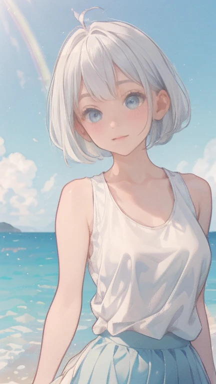 Enjoying the morning sun on the beach、(water colour,tegaki:1.4),(soft pastel colors:1.3),(Platinum hair:1.3),( blue colored eyes:1.1),break,,(pastel white rainbow color palette:1.3),(pastel rainbow tank top:1.4),(mini-skirt:1.3),(musical score:1.1)、kawaii、rough touch、detailed expression、(teenagers、gorgeous eyes、blue colored eyes、gray hair、curly hair、苗条、breasts small、 flegs、inner thighs、beautiful fur、perfect fingertips、8 heads、look away、during、lolicon)、hypdertailed