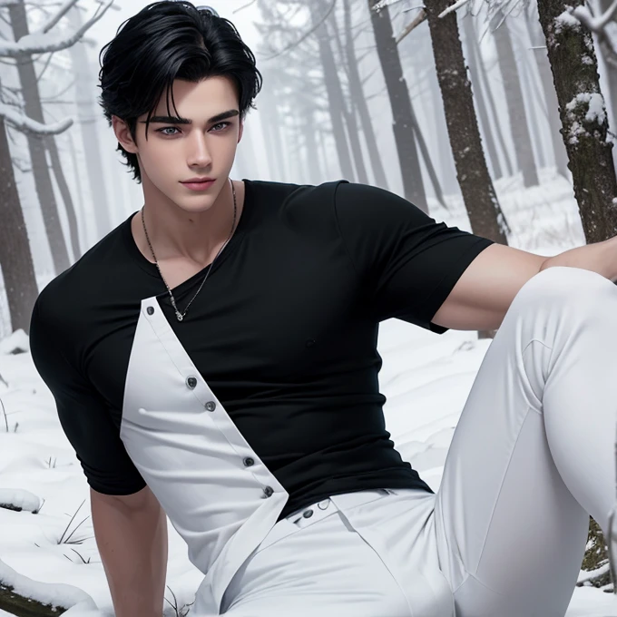 Create a 19 year old American boy. Super white and neat skin, blue eyes, dark black hair. chico sexy, perfect and realistic. Perfect and realistic image . Pale and perfect white, full body image. The scene takes place in a snowy forest., He has a mysterious half smile on his face. He wears a black shirt 