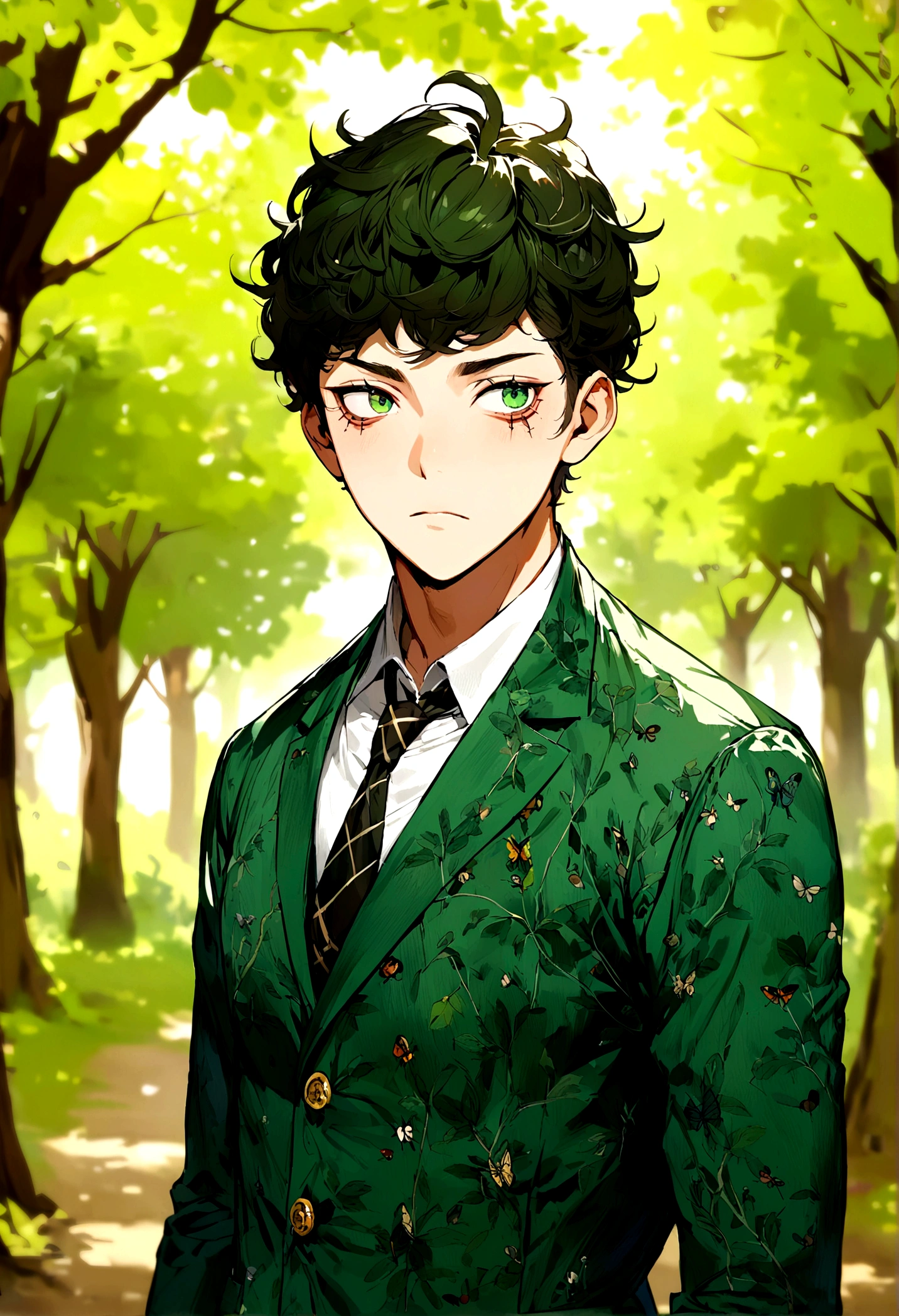 young male, dark fluffy hair, forest green jacket, bug theme, eye bags, school background