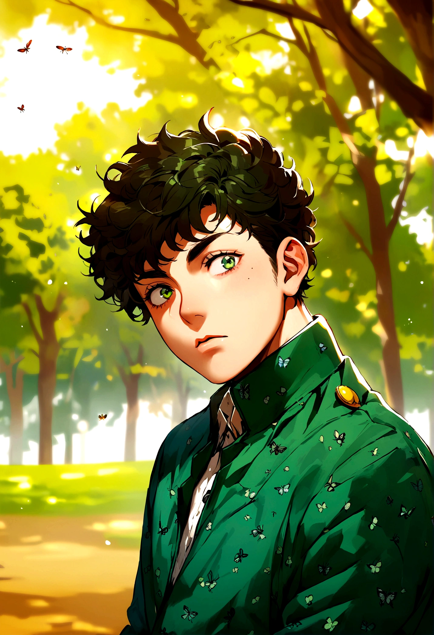 young male, dark fluffy hair, forest green jacket, bug theme, eye bags, school background