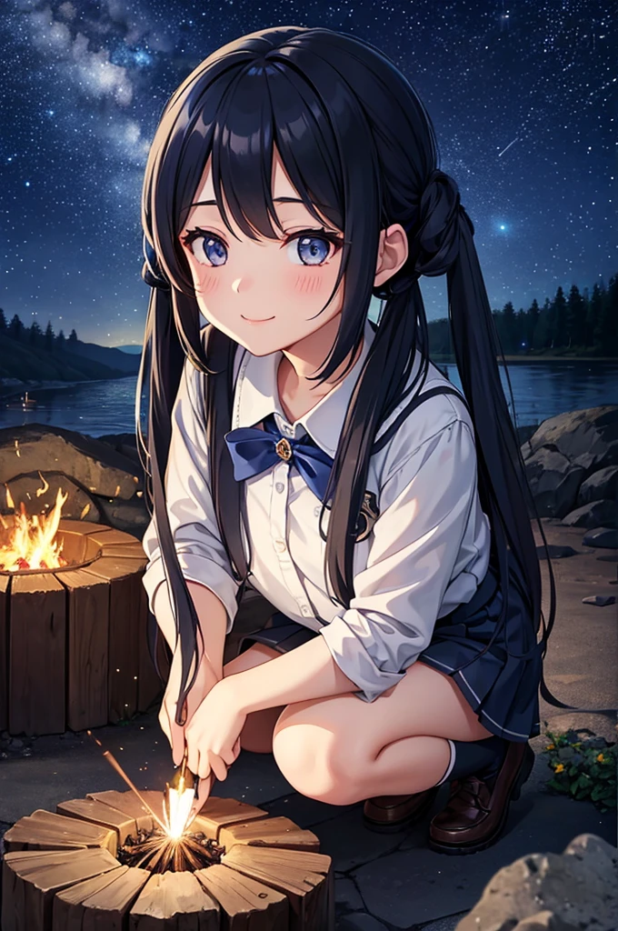 Campfire、One girl,Nice face,Dark Eyes、Light blue long hair、Beautiful girl with twin tails,Crouched down holding a sparkler and watching the sparks fly、Bright smile、Warm and soft lighting,Night Sky,Starry Sky