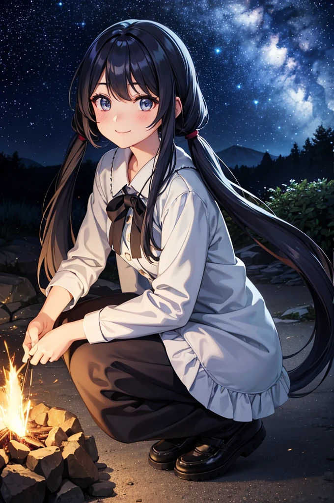 Campfire、One girl,Nice face,Dark Eyes、Light blue long hair、Beautiful girl with twin tails,Crouched down holding a sparkler and watching the sparks fly、Bright smile、Warm and soft lighting,Night Sky,Starry Sky