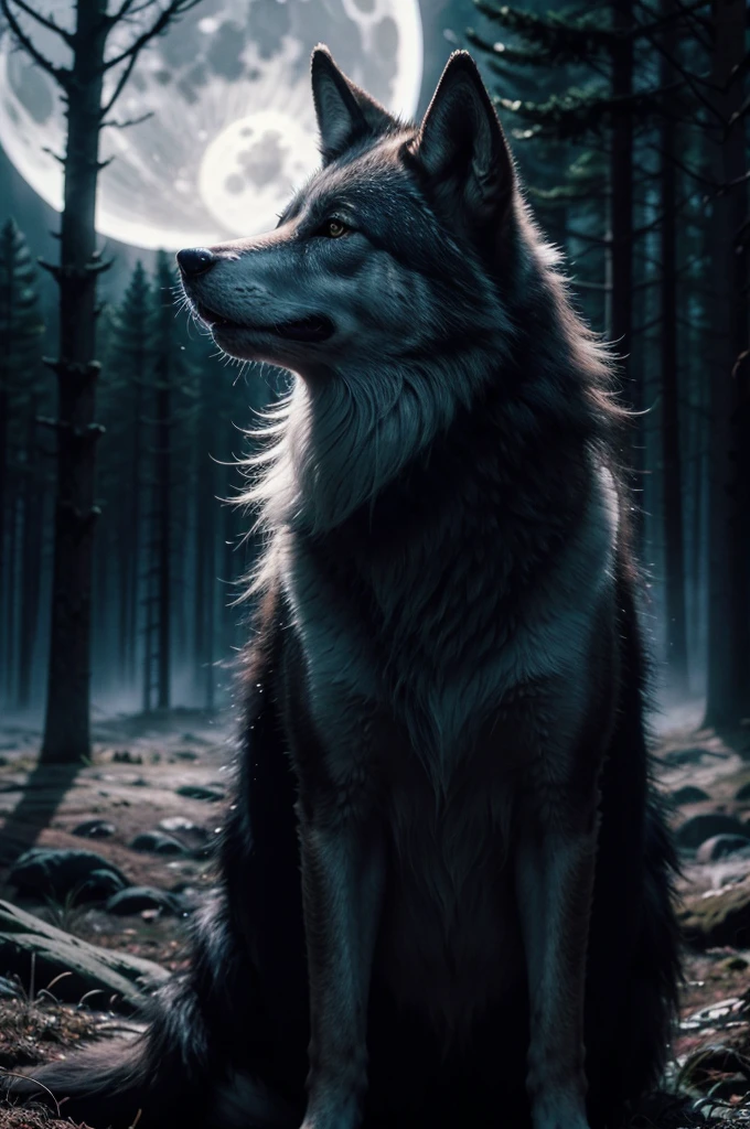 a majestic wolf howling at the full moon in a dark mystical forest, moonlight shining through the trees, dramatic lighting, cinematic composition, 8k, unreal engine, highly detailed, photorealistic, hyperrealistic, dramatic lighting, moody atmosphere, dramatic shadows, vibrant colors, glowing eyes, fur with intricate details, nature, wilderness, night sky, stars, fog, mist, depth of field