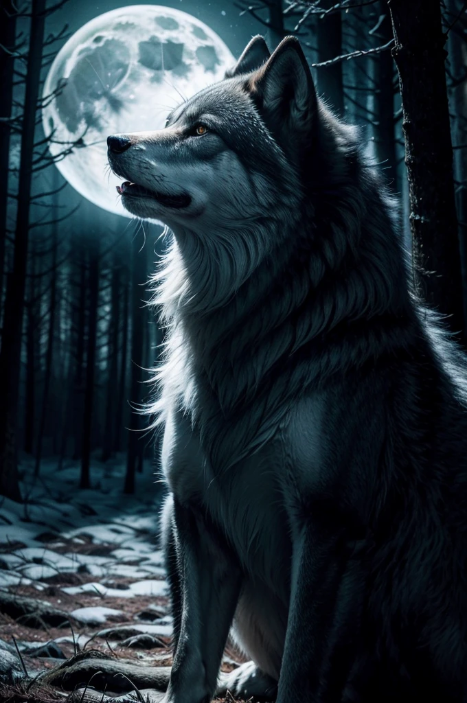 a majestic wolf howling at the full moon in a dark mystical forest, moonlight shining through the trees, dramatic lighting, cinematic composition, 8k, unreal engine, highly detailed, photorealistic, hyperrealistic, dramatic lighting, moody atmosphere, dramatic shadows, vibrant colors, glowing eyes, fur with intricate details, nature, wilderness, night sky, stars, fog, mist, depth of field