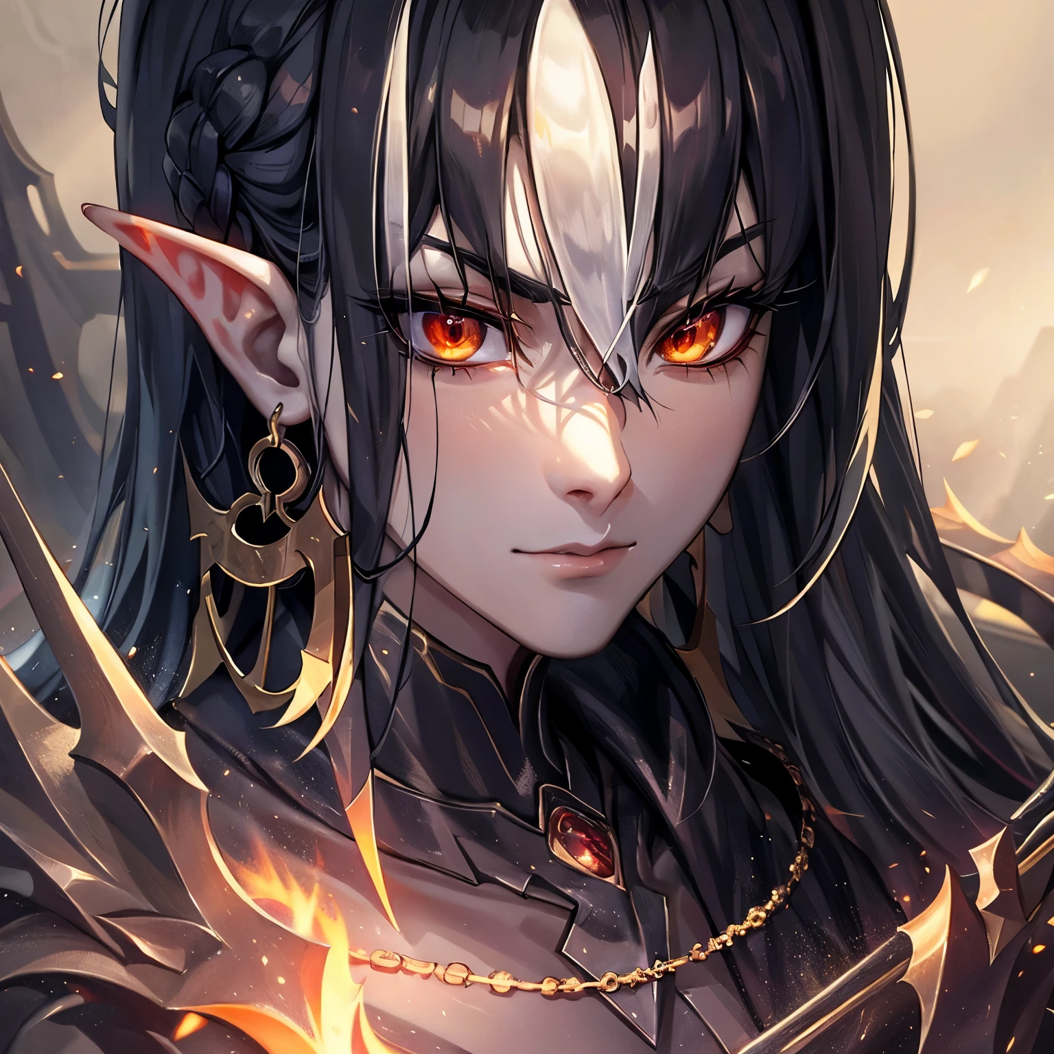 Long black hair, pale skin, beautiful refined face, golden fiery eyes with a vertebral pupil, black robe, with black jewelry, male, elf