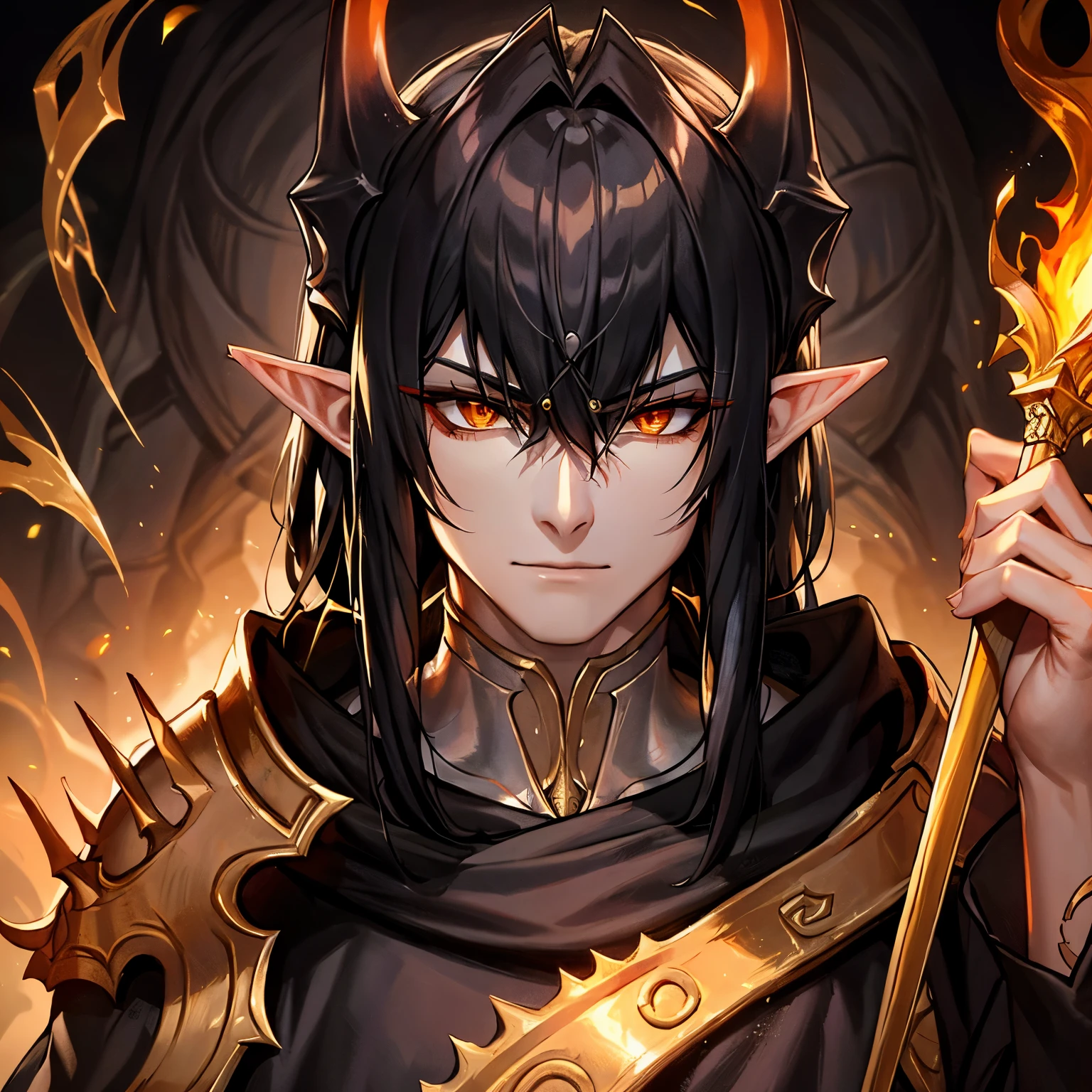 Long black hair, pale skin, beautiful refined face, golden fiery eyes with a vertebral pupil, black robe, with black jewelry, male, elf