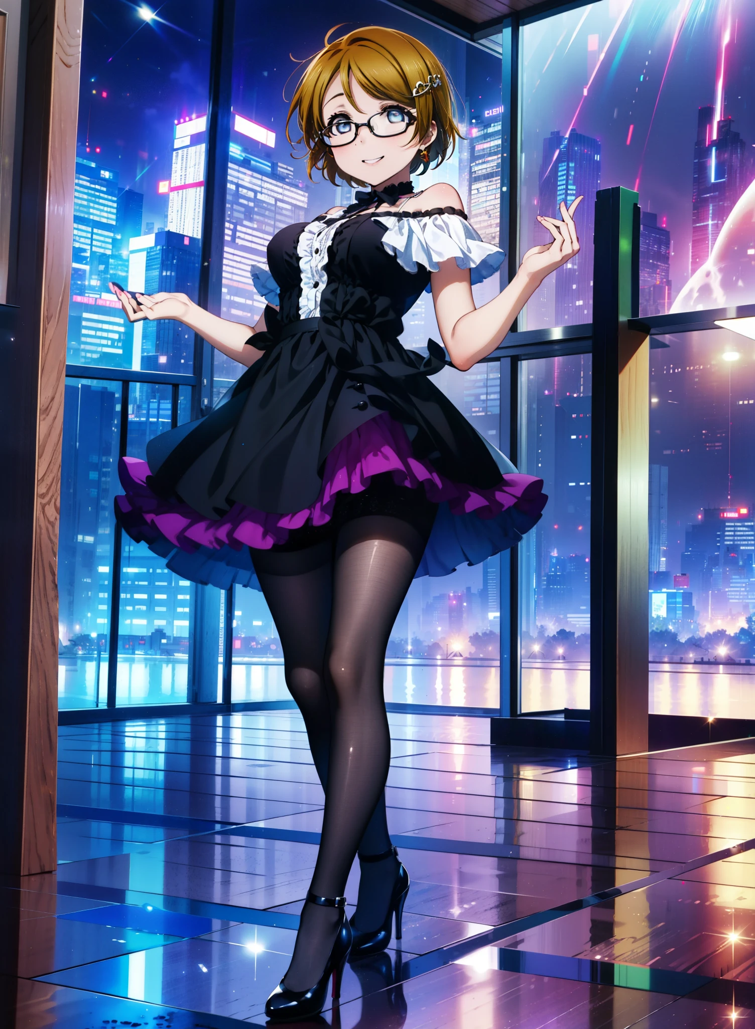 hanayo koizumi, hanayo　Koizumi, short hair, Brown Hair, Purple eyes,Big Breasts,Black-rimmed glasses,Cold Shoulder Shirt,Short sleeve,Long skirt,Black pantyhose,Stiletto heels,happy smile, smile, Open your mouth,whole bodyがイラストの中に入っていくように,Walking,
break looking at viewer, whole body,
break outdoors,construction area,
break (masterpiece:1.2), Highest quality, High resolution, unity 8k wallpaper, (shape:0.8), (Beautiful and beautiful eyes:1.6), Highly detailed face, Perfect lighting, Extremely detailed CG, (Perfect hands, Perfect Anatomy),