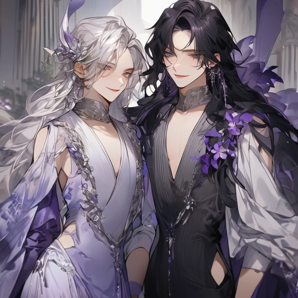 Feminine boy, beautiful soft facial features, smile, squinted siren dark blue eyes without glare, silver and dark purple long loose hair with straight bang, fantasy black fit clothes with blue and purple elements, long black gloves, model, gorgeous, elegant, lots of silver jewelry, flowers in his hair, skinny body