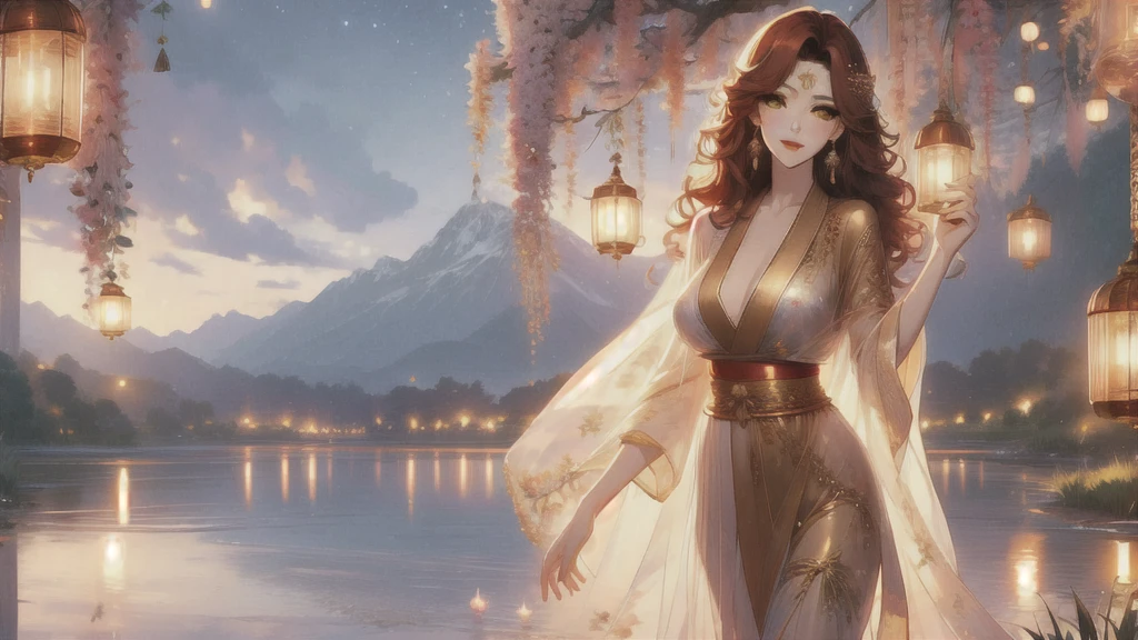 UHD, textured skin, high detail, anatomically correct, SOLO, 1 female, Xian mei, unique golden eyes, long red curly hair, jewelry, round, big breasts, perfect anatomy, walking by the lake, clear water nude, nude, sexy, hot , stars at night, shooting stars, wonderful sky, dear night sky,