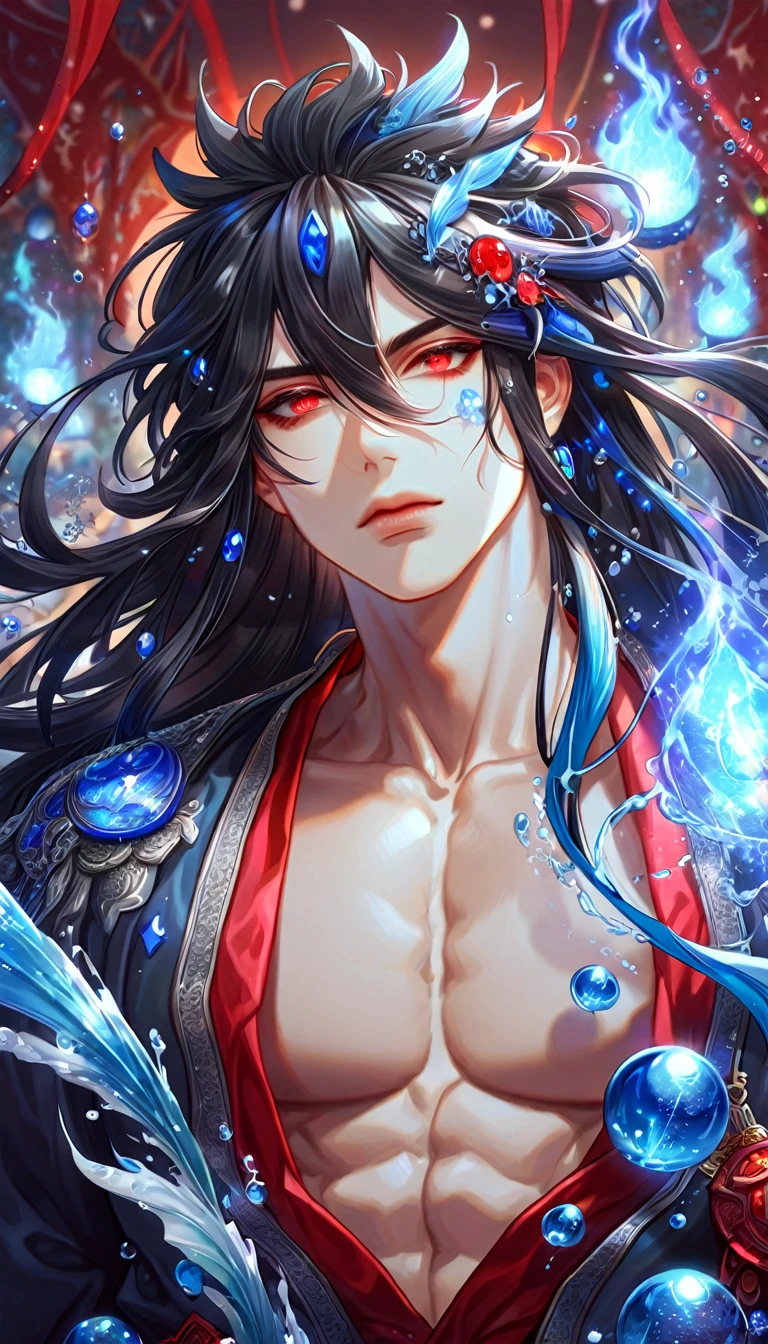absurdres, highres, ultra detailed, HDR, master piece, best quality, extremely detailed face, delicated features, Xue Yu, untamed spiky hair, black hair, long hair, hair between the eyes, expressive red eyes, Thousand Years War, solo, sexy man, handsome, toned chest, black haori, red fantasy robes, water, fantasy, magic, envy magical, forest, blue dust, blue lanterns, blue fire, blue floating round lights