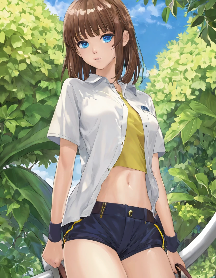 BREAK Perfect Anatomy、(High resolution:1.2)、Incredible illustrations、(Cute illustrations:1.2)、
(nsfw)(hip focus,) （Beautiful background（bushes))
1girl((brown hair,asymmetric bangs, tanned skin: 1.3,blue eyes,fang)1girl((a girl,slender 1.7meters, 35kg, (( shirt, hot pants,thigh-high socks,
sandals),shirt lift,bottomless,))(heavy breathing:1.3 ,vulgarity,pussy juice),Kneeling,