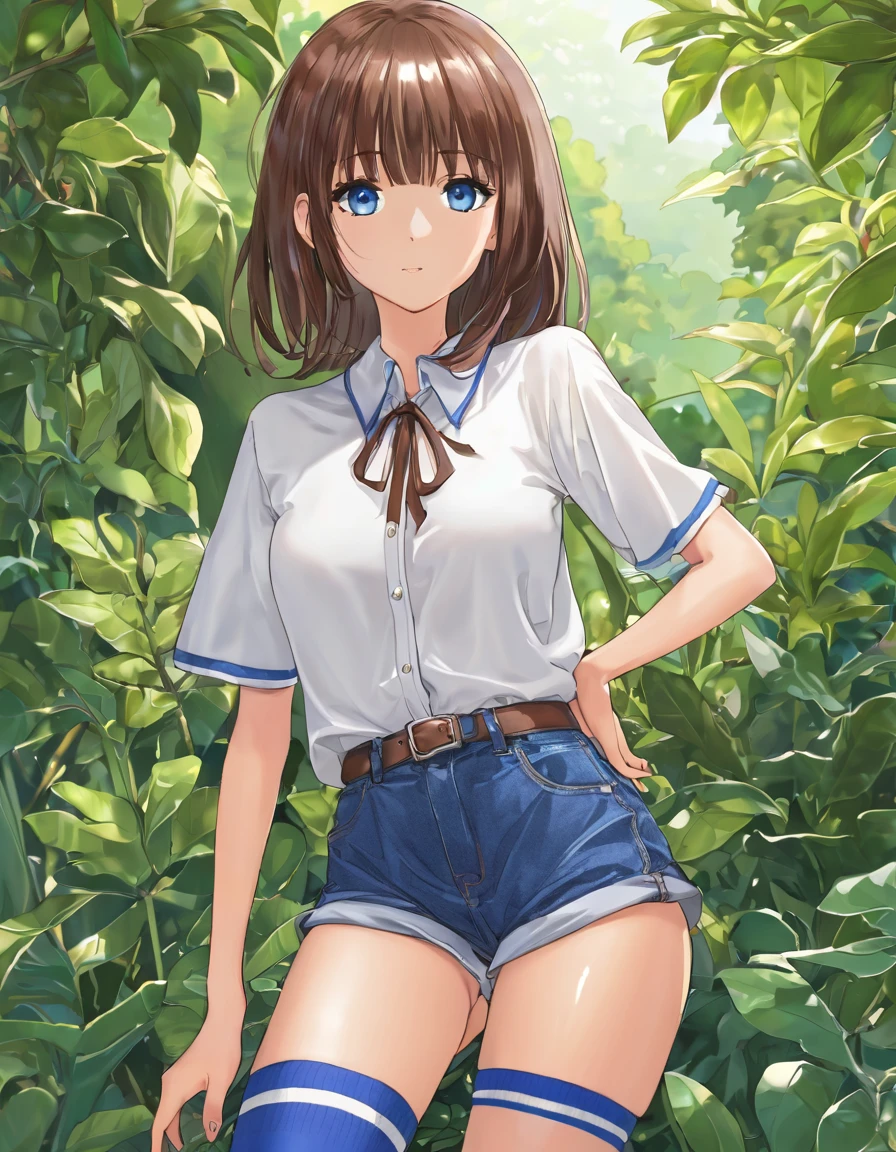 BREAK Perfect Anatomy、(High resolution:1.2)、Incredible illustrations、(Cute illustrations:1.2)、
(nsfw)(hip focus,) （Beautiful background（bushes))
1girl((brown hair,asymmetric bangs, tanned skin: 1.3,blue eyes,fang)1girl((a girl,slender 1.7meters, 35kg, (( shirt, hot pants,thigh-high socks,
sandals),shirt lift,bottomless,))(heavy breathing:1.3 ,vulgarity,pussy juice),Kneeling,