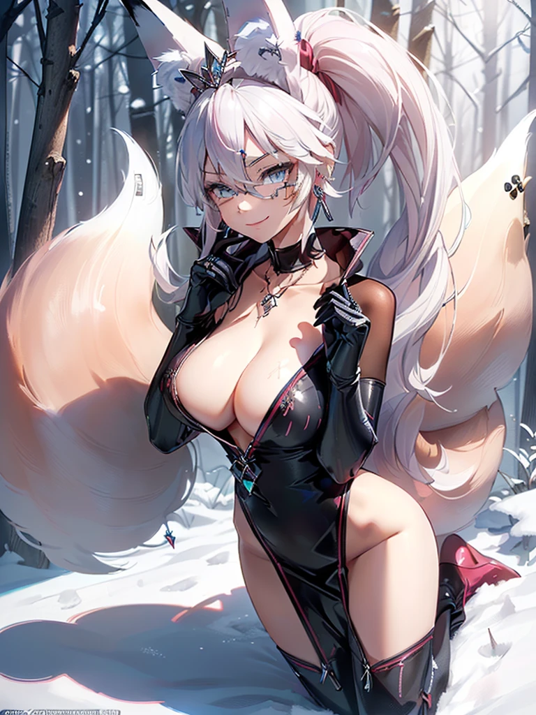 great quality ++ Extremely detailed high resolutionolution, very aesthetic, expressive eyes, (((Perfect face))), (((face symmetrical))), ((good anatomy)), (((perfect hands))), (((8k))), UHD, hd wallpaper, (((detailed high cal, (((((1girl)))))), only, Masterpiece, The best quality, high resolution, Highly detailed, (illustration), Beautiful detailed eyes, ((((full body))), (((solo))), (((((Koyanskaya))))), (((cosplay of Weiss Schnee))), (((smiling))), (((fusion))), (((agglutination))), (((Combination))), (((((White hair))))), (((blue eyes))), (((ponytail))), (((white dress))), (((jewelry))), (((necklace))), (((earrings))), only, jaeces, earrings, long hair, parody, (((scar))), (((scar ocular))), (((hair ornament))), (((castle))), (((winter forest background))), Side ponytail, scar en la cara, Upper part of the body, (((fox tail))), (((fox ears))), (((tiara))), (((jewelry))), (((earrings))), (((neckline trimming))),