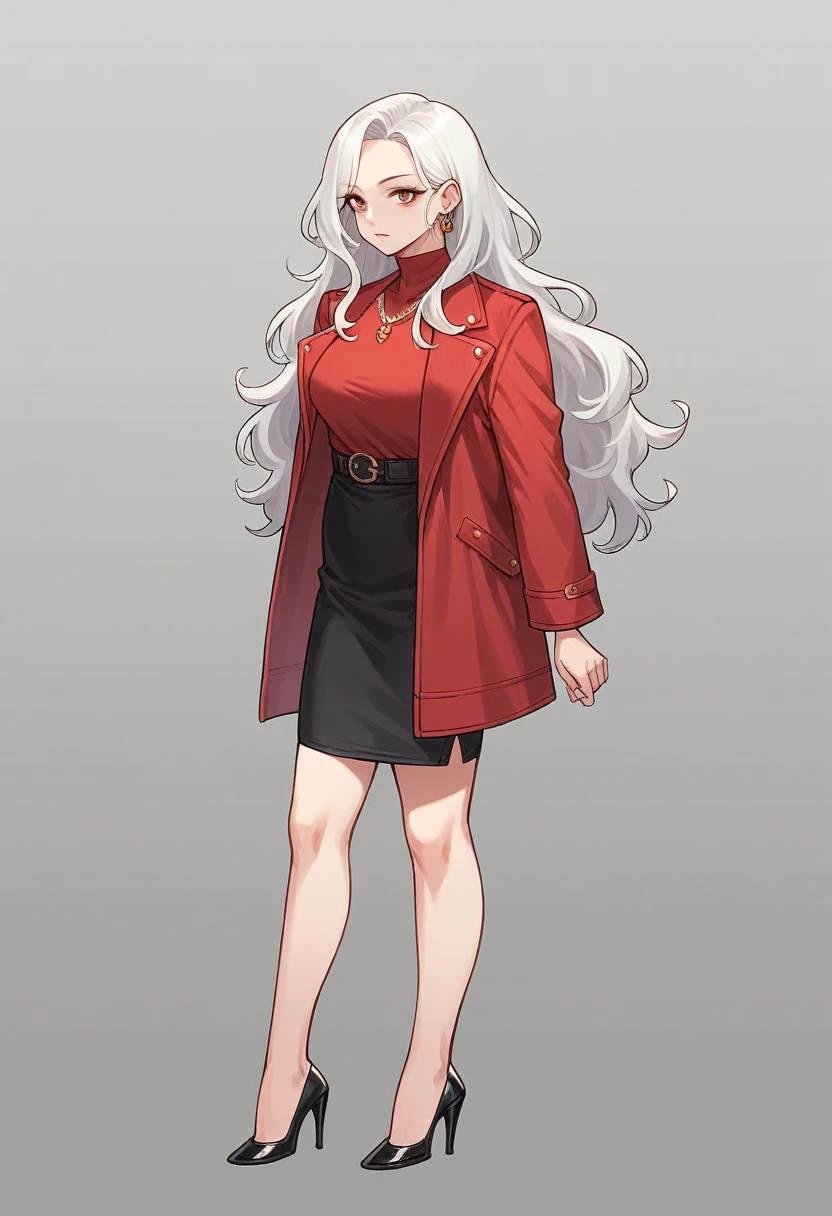 Highest quality, anime, One Girl, whole body, ３８Old woman, Bewitching beauty, Black wavy long hair, Red jacket outerwear, Close the front of the jacket,  Red tight skirt, Black high heels, Female CEO, Front standing, necklace, Earrings