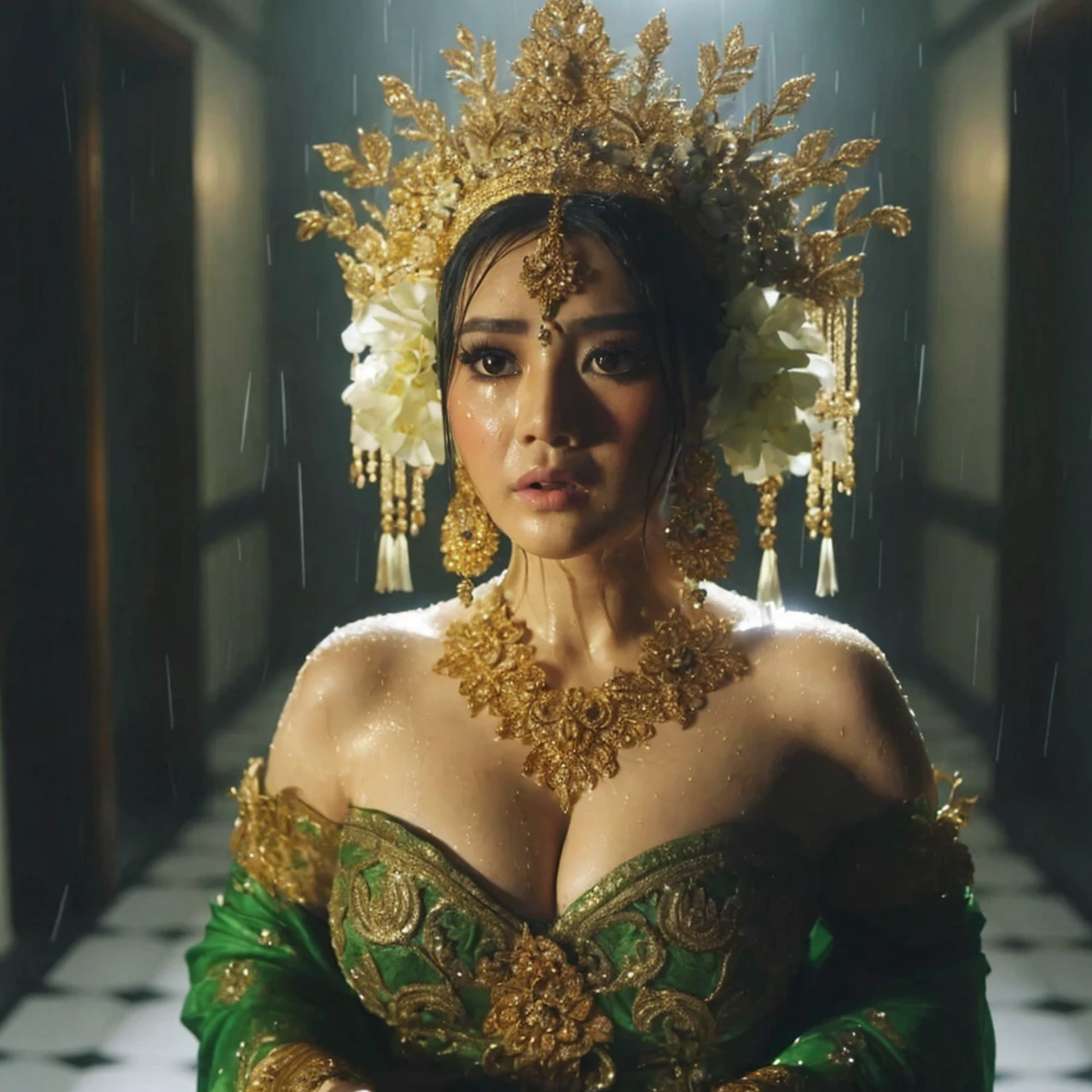 A (slightly curvy) woman wearing a beautiful traditional costume, with elaborate gold hair ornaments and other gold accessories, stood in the corridor. Her black hair is tied in a bun (bun ukel konde) decorated with white jasmine flowers hanging down on both sides of her head. wearing a green kebaya with intricate gold details covering the shoulders. The face shows an expression of surprise or fear (crying, furrowed eyebrows, teary eyes, crying), with wide eyes and slightly parted lips. The surrounding environment looks dark, the lighting shines on his face and body, and there is a rain effect that makes his clothes look wet. The background is a corridor with a black and white checkered floor