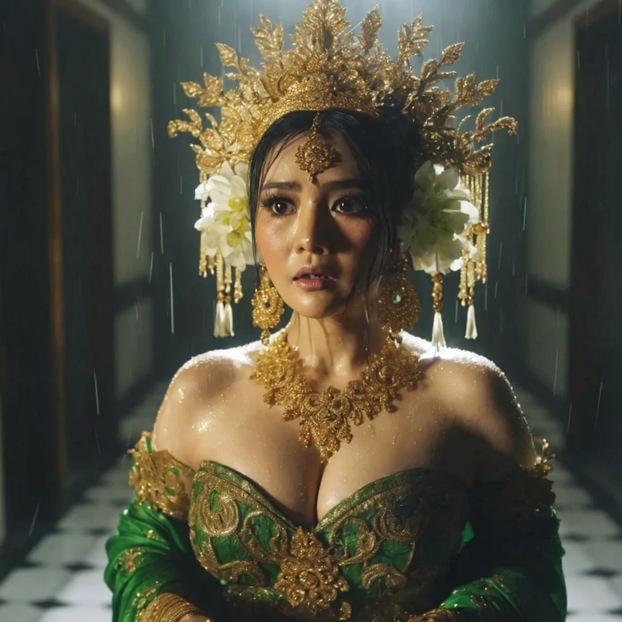 A (slightly curvy) woman wearing a beautiful traditional costume, with elaborate gold hair ornaments and other gold accessories, stood in the corridor. Her black hair is tied in a bun (bun ukel konde) decorated with white jasmine flowers hanging down on both sides of her head. wearing a green kebaya with intricate gold details covering the shoulders. The face shows an expression of surprise or fear (crying, furrowed eyebrows, teary eyes, crying), with wide eyes and slightly parted lips. The surrounding environment looks dark, the lighting shines on his face and body, and there is a rain effect that makes his clothes look wet. The background is a corridor with a black and white checkered floor