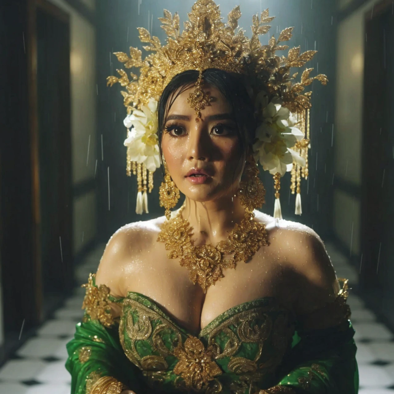 A (slightly curvy) woman wearing a beautiful traditional costume, with elaborate gold hair ornaments and other gold accessories, stood in the corridor. Her black hair is tied in a bun (bun ukel konde) decorated with white jasmine flowers hanging down on both sides of her head. wearing a green kebaya with intricate gold details covering the shoulders. The face shows an expression of surprise or fear (crying, furrowed eyebrows, teary eyes, crying), with wide eyes and slightly parted lips. The surrounding environment looks dark, the lighting shines on his face and body, and there is a rain effect that makes his clothes look wet. The background is a corridor with a black and white checkered floor