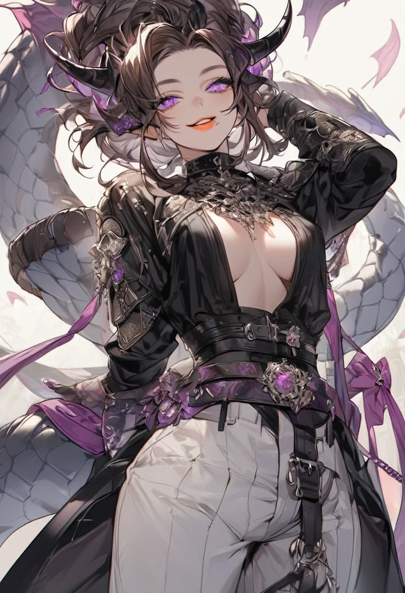 Tall woman, cheeky mad smile, brunette, hair gathered in a low bun, black clothes with open chest, purple eyes, dragon tail and horns, belts, pants, many details, light lipstick