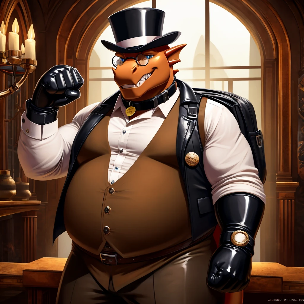 Solo, Male, fat, extremely obese, gentleman, dapper Professor Dragon, blue eyes, (posing:1.3), (soft shading), 4k, hi res, ((detailed face, detailed)), looking at viewer, evil grin, steampunk, collared shirt with buttons, top hat, male focus, Explorer Outfit, glasses, monocle, bag, vest with buttons, backpack, sleeves rolled up, round eyewear, brown headwear, brown vest, Dragon is wearing a glossy leather dog collar around the neck, Dragon is wearing the leather collar and shirt and vest at the same time, Dragon is wearing glossy white rubber gloves on the hands, wearing white rubber gloves on the feet, Dragon is wearing glossy white cuffs around the wrists with cufflinks, gloves are rubber in texture, clenching teeth, clenching fists, leather collar is glossy and shiny with a lot of detail, Dragon is wearing gloves and cuffs and cufflinks at the same time, leather collar has a round dog-tag, leather collar is thick and detailed.