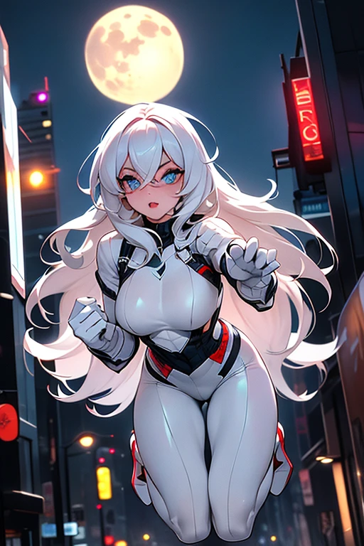 (Masterpiece, 4k resolution, ultra-realistic, very detailed), (White superhero theme, charismatic, there's a girl on top of town, wearing Spider-Man costume, she's a superhero), [ ((perfect face), (perfect eyes), (long white hair:1.2), full body, (blue eyes:1.2), ((Spider-Man pose),show of strength, jumping from one building to another), ((sandy urban environment):0.8)| (cityscape, at night, dynamic lights), (full moon))] # Explanation: The Prompt mainly describes a 4K painting of ultra-high definition, very realistic, very detailed. It shows a superheroine at the top of the city, wearing a Spider-Man costume. The theme in the painting is a white superhero theme, the female protagonist has long white hair, young woman, and her entire body is shown in the painting. In terms of portraying the actions of superheroines, spiders are employed