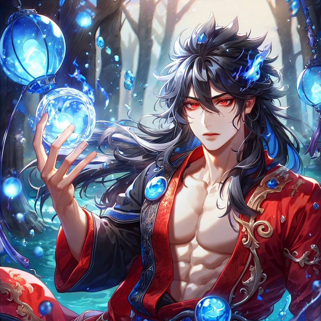 absurdres, highres, ultra detailed, HDR, master piece, best quality, extremely detailed face, delicated features, Xue Yu, untamed spiky hair, black hair, long hair, hair between the eyes, expressive red eyes, Thousand Years War, solo, sexy man, handsome, toned chest, black haori, red fantasy robes, water, fantasy, magic, envy magical, forest, blue dust, blue lanterns, blue fire, blue floating round lights