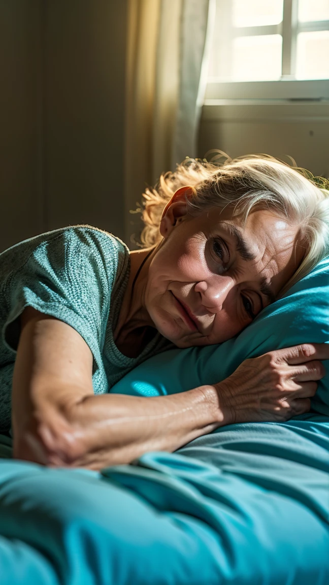 elderly person in a room, lying on her bed
