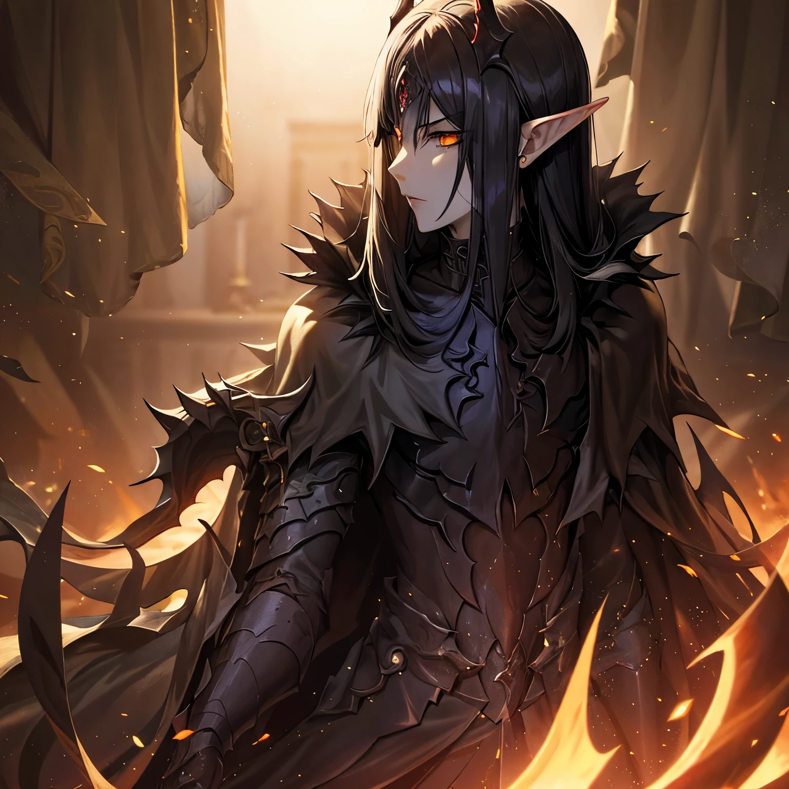 Long black hair, pale skin, beautiful refined face, golden fiery eyes with a vertebral pupil, black demonic robe, with black decorations, male, elf, lord of darkness,