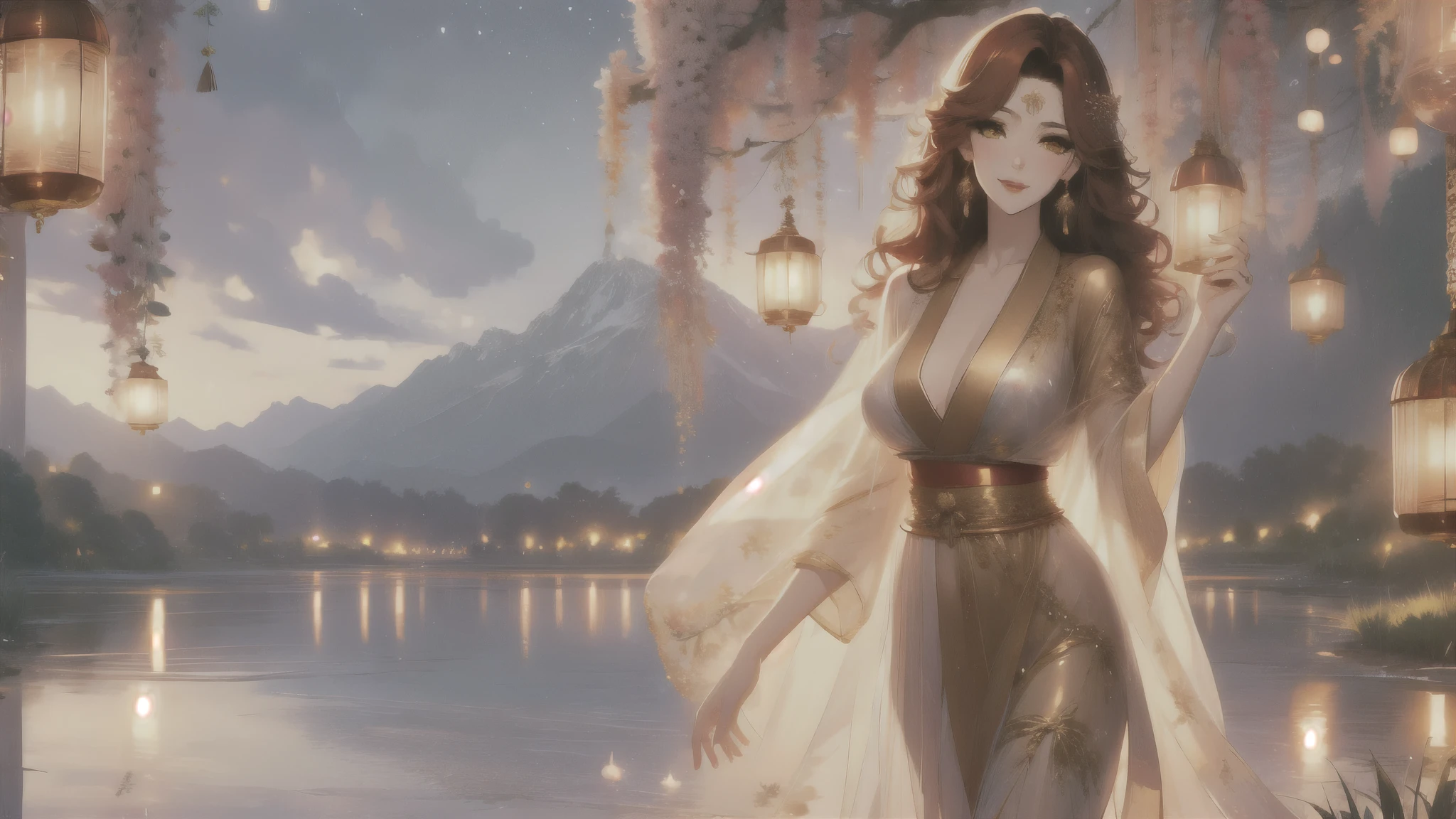 UHD, textured skin, high detail, anatomically correct, SOLO, 1 female, Xian mei, unique golden eyes, long red curly hair, jewelry, round, big breasts, perfect anatomy, walking by the lake, clear water nude, nude, sexy, hot , stars at night, shooting stars, wonderful sky, dear night sky,