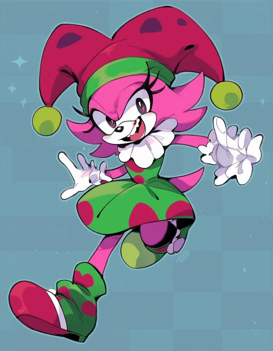 rosy_alt, solo, white gloves, 1girl, hat, full body, female focus, heart on dress, checkered background, pink jester cap, furry, hedgehog, pink fur, two tone fur, crazy black eyes, green headband, pink cheeks, blood on face, green and red jester dress, green skirt, red jester shoes, source