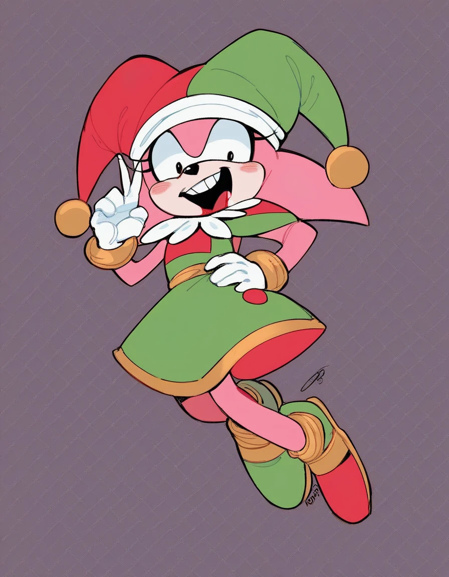 rosy_alt, solo, white gloves, 1girl, hat, full body, female focus, heart on dress, checkered background, pink jester cap, furry, hedgehog, pink fur, two tone fur, crazy black eyes, green headband, pink cheeks, blood on face, green and red jester dress, green skirt, red jester shoes, source