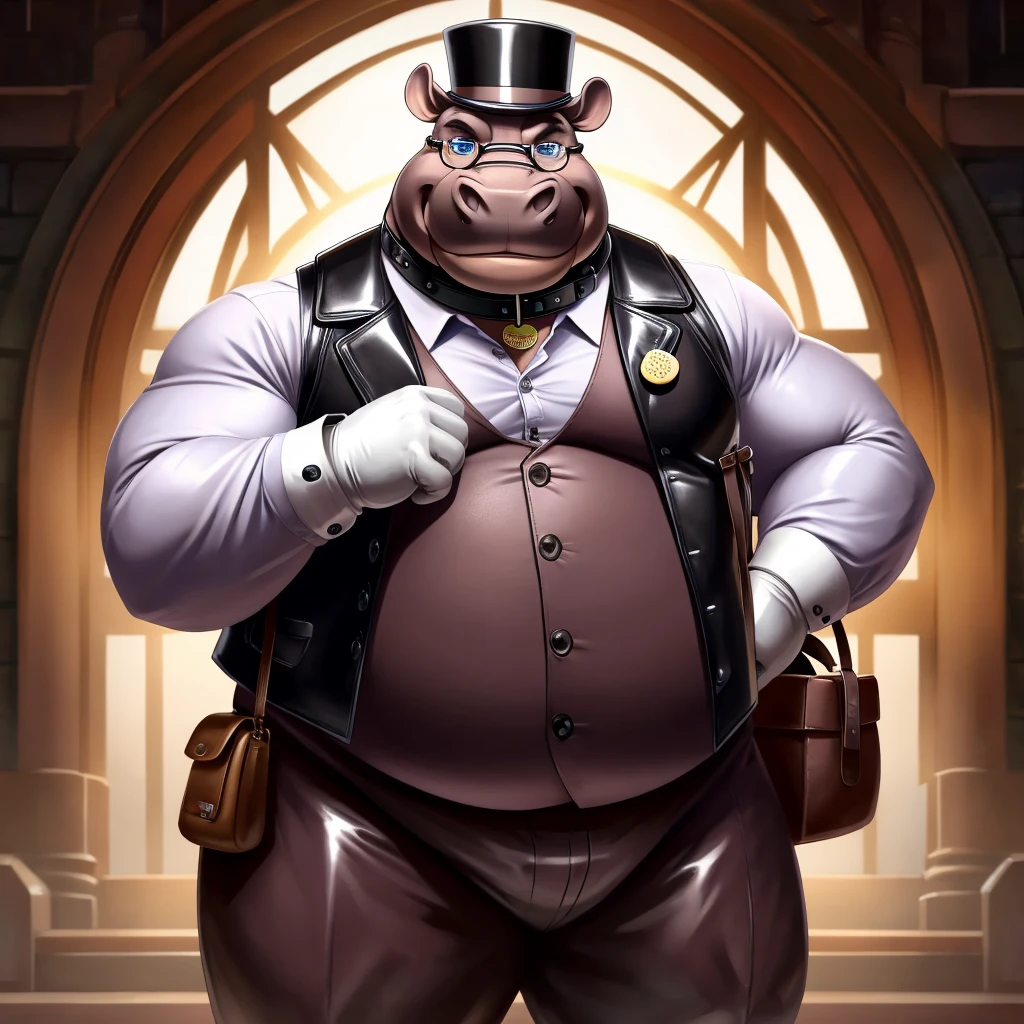 Solo, Male, fat, extremely obese, gentleman, dapper Professor Hippopotamus, blue eyes, (posing:1.3), (soft shading), 4k, hi res, ((detailed face, detailed)), looking at viewer, evil grin, steampunk, collared shirt with buttons, top hat, male focus, Explorer Outfit, glasses, monocle, bag, vest with buttons, backpack, sleeves rolled up, round eyewear, brown headwear, brown vest, Hippopotamus is wearing a glossy leather dog collar around the neck, Hippopotamus is wearing the leather collar and shirt and vest at the same time, Hippopotamus is wearing glossy white rubber gloves on the hands, wearing white rubber gloves on the feet, Hippopotamus is wearing glossy white cuffs around the wrists with cufflinks, gloves are rubber in texture, clenching teeth, clenching fists, leather collar is glossy and shiny with a lot of detail, Hippopotamus is wearing gloves and cuffs and cufflinks at the same time, leather collar has a round dog-tag, leather collar is thick and detailed.