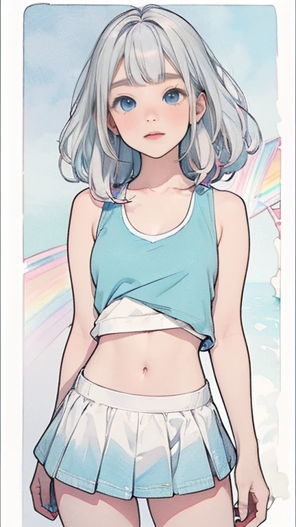 Enjoying the morning sun on the beach、(water colour,tegaki:1.4),(soft pastel colors:1.3),(Platinum hair:1.3),( blue colored eyes:1.1),break,,(pastel white rainbow color palette:1.3),(pastel rainbow tank top:1.4),(mini-skirt:1.3),(musical score:1.1)、kawaii、rough touch、detailed expression、(teenagers、gorgeous eyes、blue colored eyes、gray hair、curly hair、苗条、breasts small、 flegs、inner thighs、beautiful fur、perfect fingertips、8 heads、look away、during、lolicon)、hypdertailed