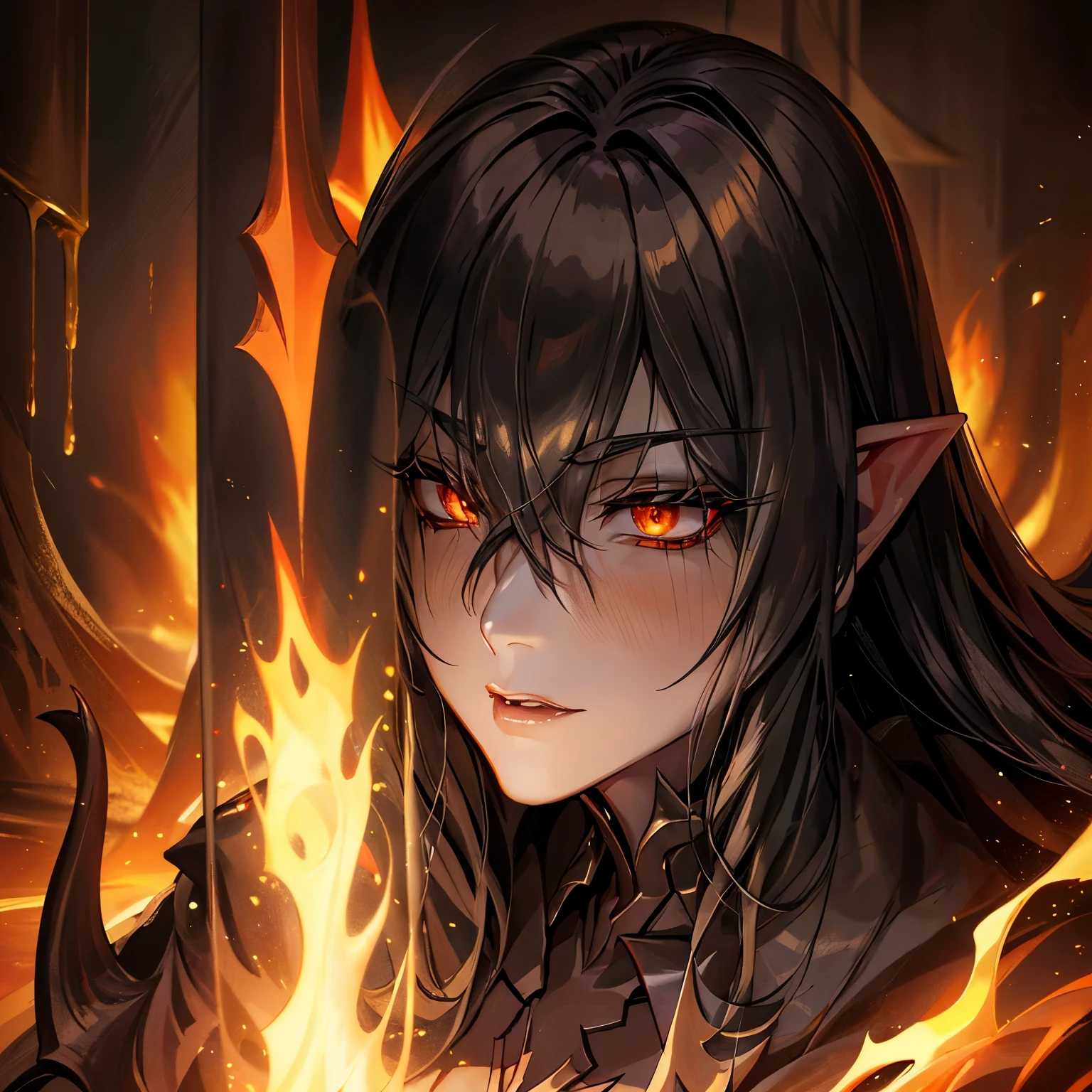 Long black hair, pale skin, beautiful refined face, golden fiery eyes with a vertebral pupil, black demonic robe, with black decorations, male, elf, lord of darkness,