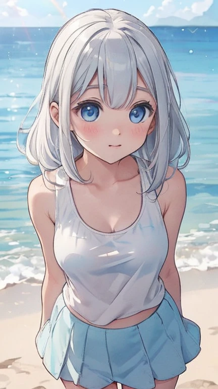 Enjoying the morning sun on the beach、(water colour,tegaki:1.4),(soft pastel colors:1.3),(Platinum hair:1.3),( blue colored eyes:1.1),break,,(pastel white rainbow color palette:1.3),(pastel rainbow tank top:1.4),(mini-skirt:1.3),(musical score:1.1)、kawaii、rough touch、detailed expression、(agers、gorgeous eyes、blue colored eyes、gray hair、curly hair、苗条、breasts small、 flegs、inner thighs、beautiful fur、perfect fingertips、8 heads、look away、during、loli、hypdertailed