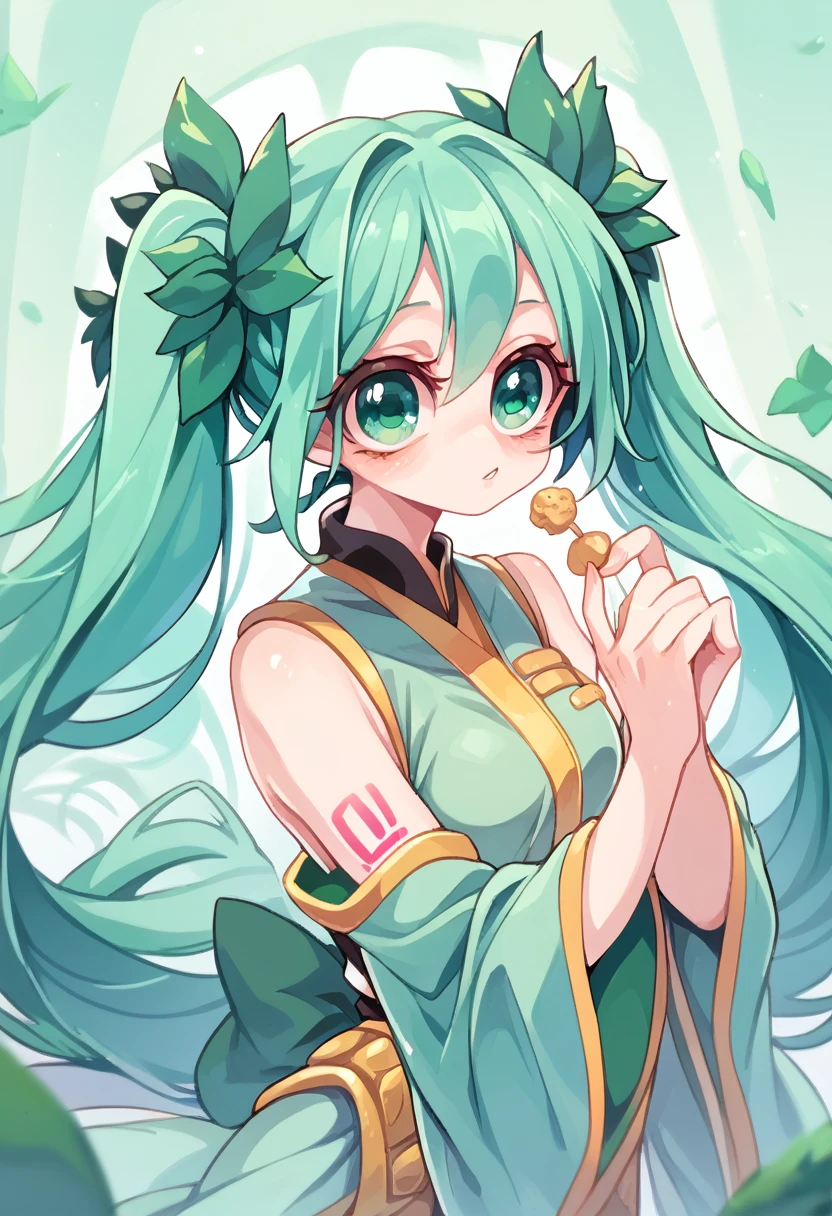 A beautiful girl with dark green hair, green eyes, wearing a green hero costume, beautiful body, Hatsune Hado