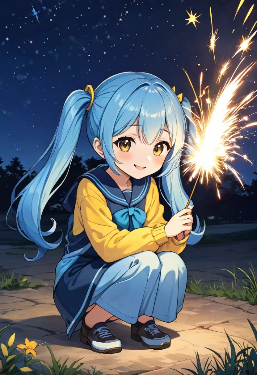 Campfire、One girl，Nice face，Dark Eyes、Light blue long hair、Beautiful girl with twin tails，Crouched down holding a sparkler and watching the sparks fly、Bright smile、Warm and soft lighting，Night Sky，Starry Sky