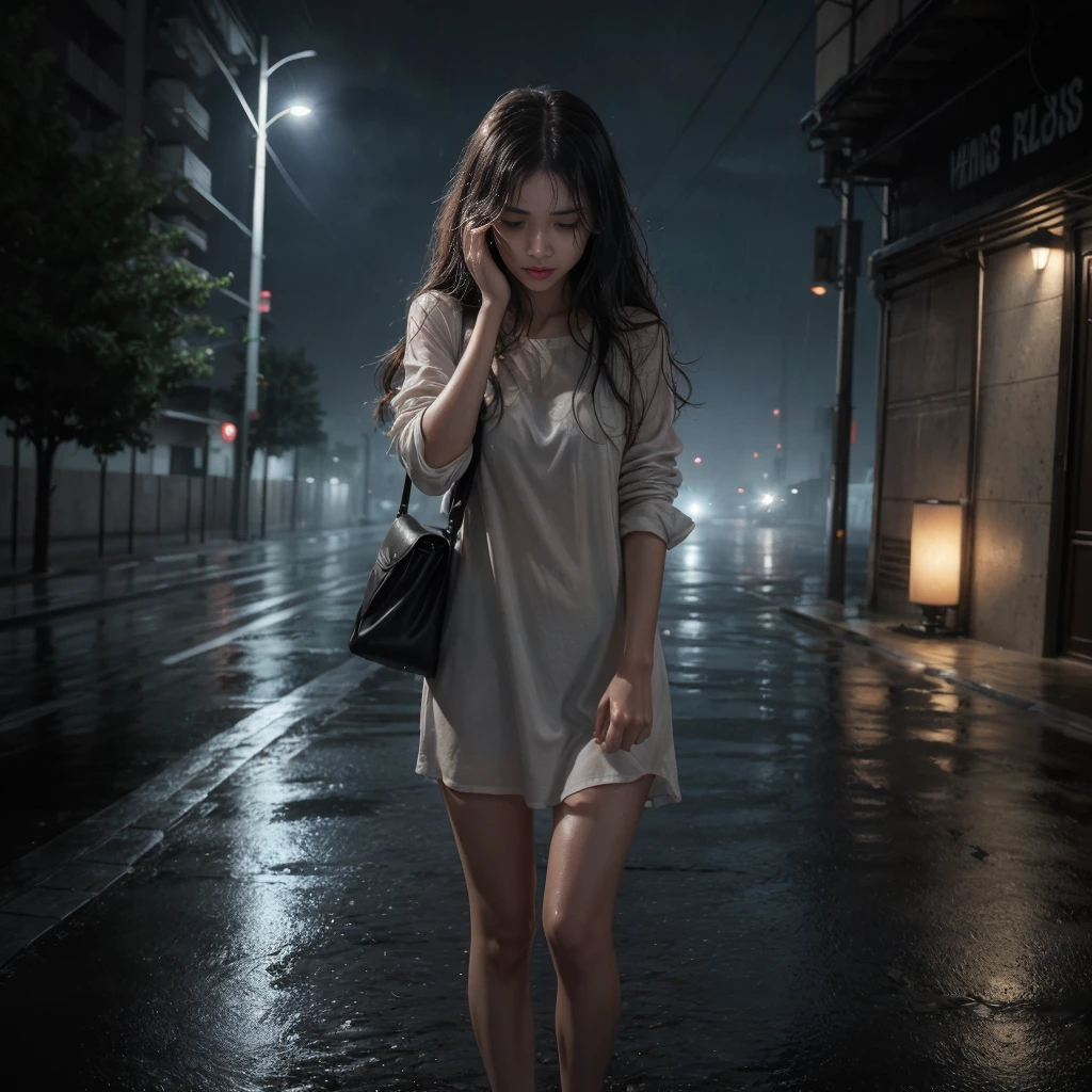 In the darkness of the night, illuminated only by occasional flashes of lightning, a girl in a light dress runs in the pouring rain. Her hair was soaking wet and stuck to her face., drops of rain flow down your cheeks, mixed with tears. Thick darkness and empty streets create a feeling of silence, disturbed only by the sounds of her quick steps on the wet pavement and the roar of thunder in the distance. There's a light in the distance, to which she is rapidly heading, leaving behind the night storm The girl is slender, with a graceful figure, accentuated by a tight-fitting light dress, which is now stuck to the body due to the rain. Her long brown hair, soaking wet, glitter in the light of lightning and flutter randomly with every step. Large brown eyes express a mixture of fear and determination, and wet eyelashes stick together, making it difficult to see. Lips tremble from the cold, and pale skin covered with goosebumps. She is wearing light sandals on her feet, which provide almost no protection from water, and every step is echoed by the splashing of puddles.