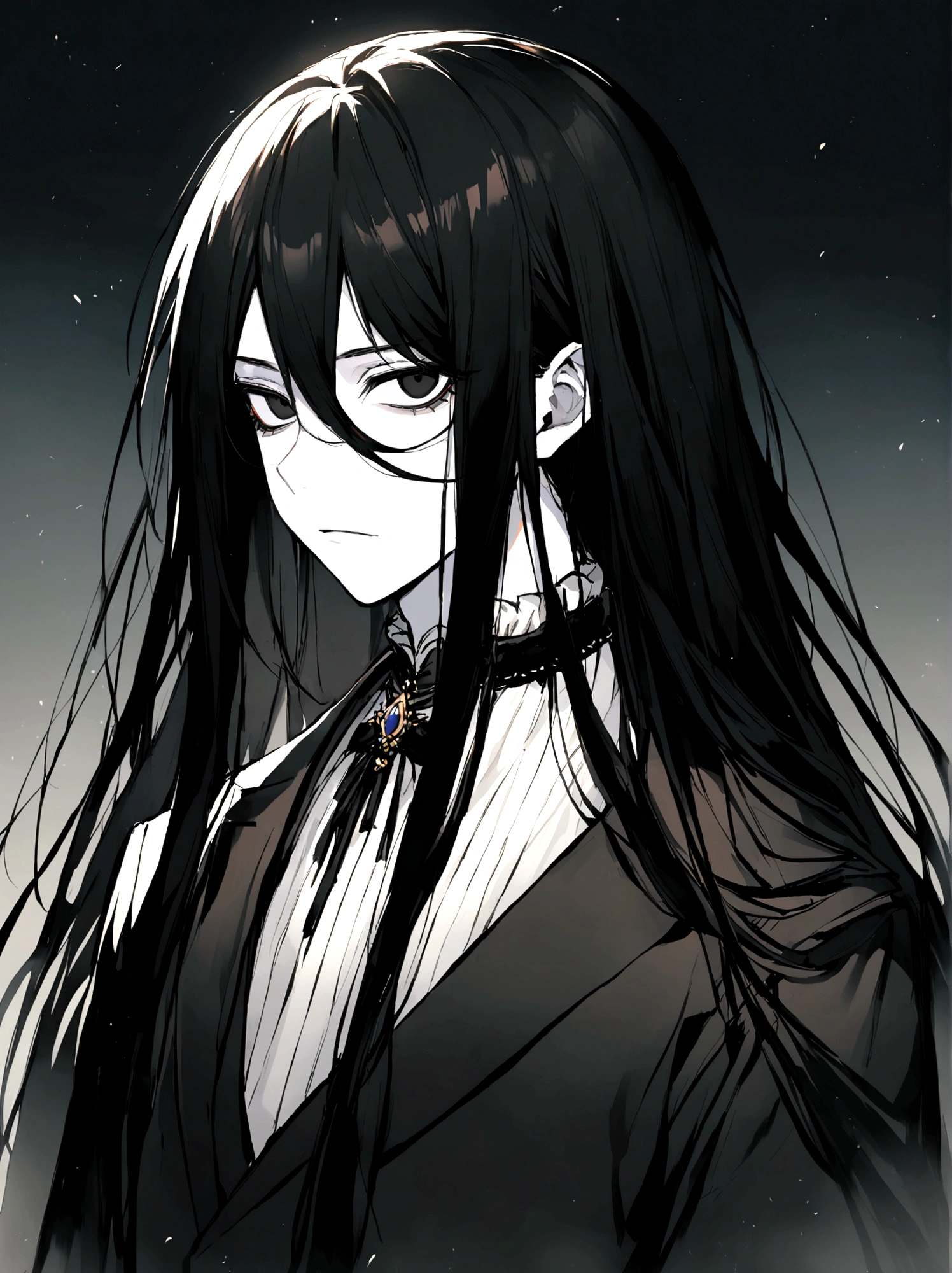 17 year old boy dark black hair long hair eyes not so long straight white skin black eyes 1.70 tall