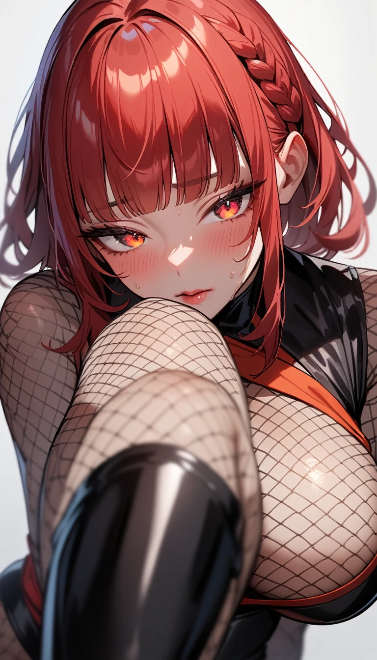 1girl,solo,super detailed skin,shiny skin,wet oily skin,natural face,lips gloss,eyelashes,half open eyes,glowing red eyes,red hair,blunt bangs,sidelocks,a braid,large breasts,high-leg body suit,Shinobi clothes,under ,Fishnet bodystocking,unique black boots,simple background,masterpiece,best quality,ultra detailed,high resolution,sharp focus,depth of field,