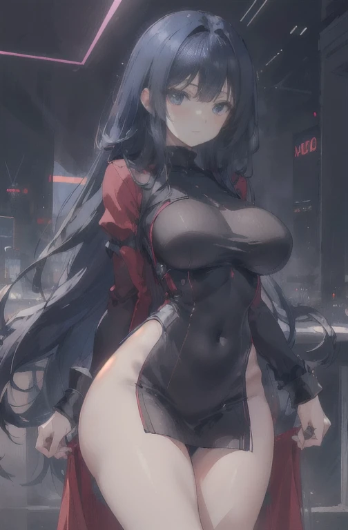 bonitas, standing alone, 1womanl, long hair, Bblack hair, blue highlights at the ends of the hair, purples eyes, black jersey, red robe, futurist, ciberpunk standing alone, cinematic angle, cinematic lighting, work of art, best qualityer , nsfw、on his knees, rub groin